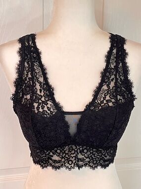 Aerie Eyelash Lace Padded Plunge Bralette Large Black Intimates Dark Romantic